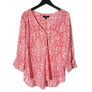 Fred David Tunic Top Womens XL Red Lightweight Boho Floral Long‎ Sleeve Blouse